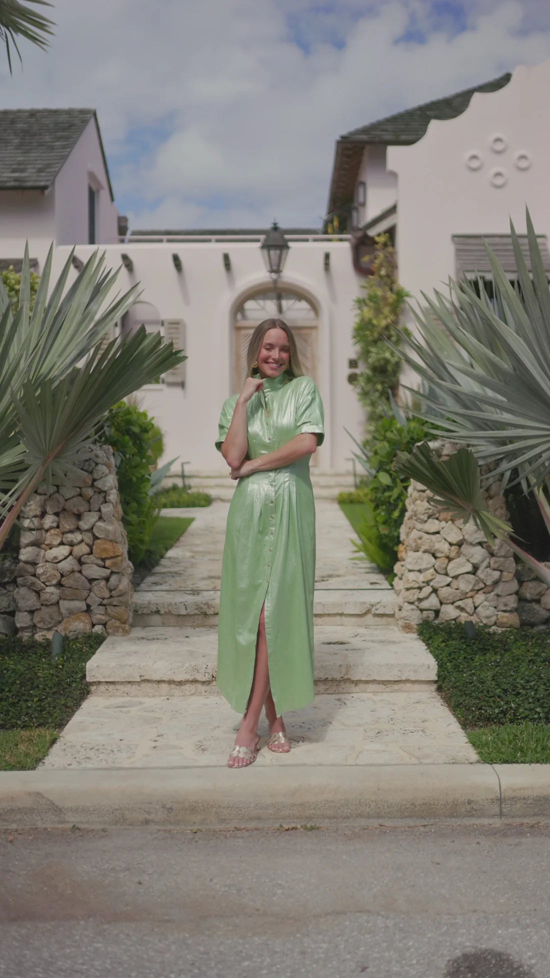 FINAL SALE Georgia Dress in Opal Green Metallic Linen