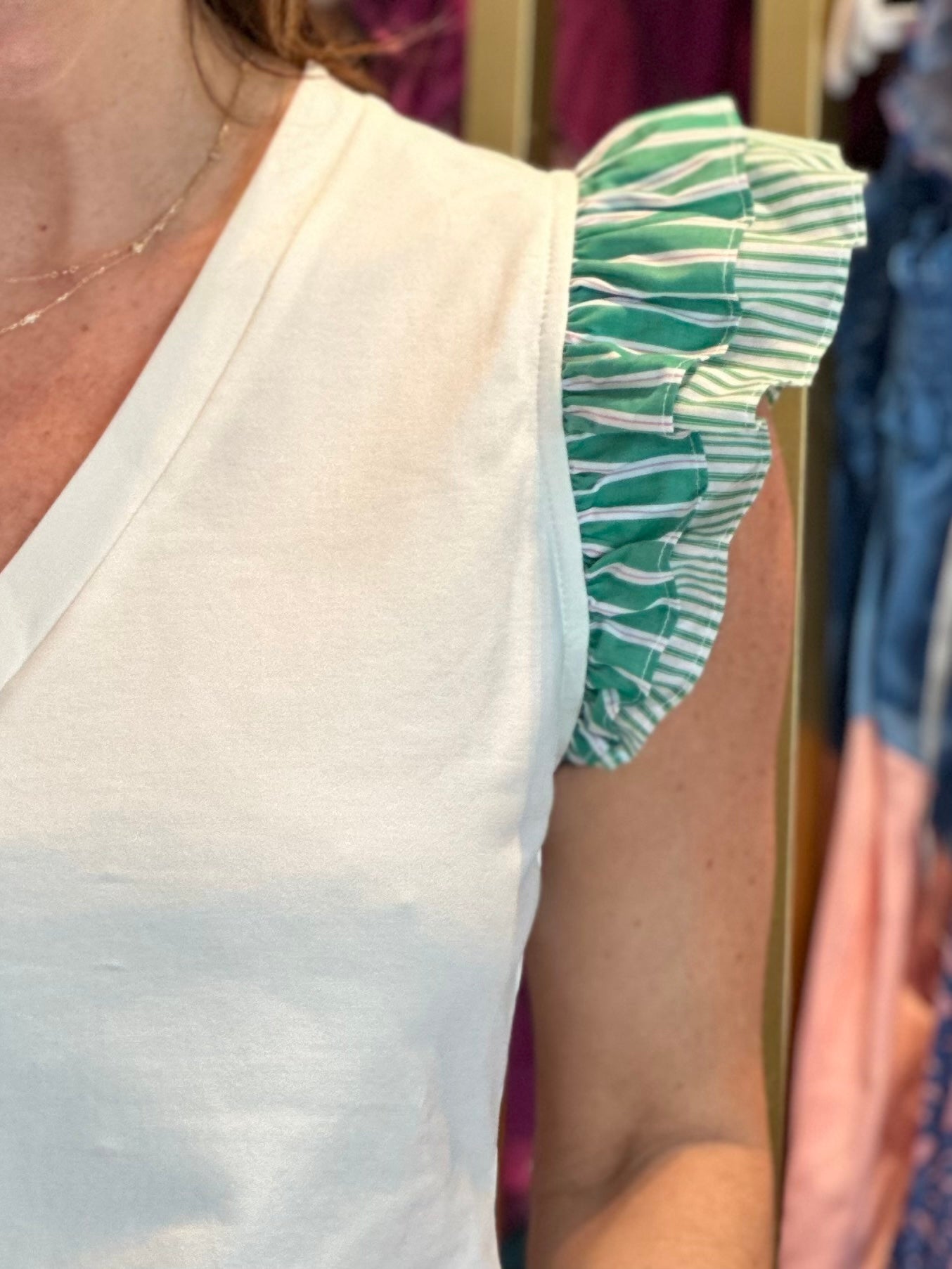 Green Ruffle Sleeve Top in White