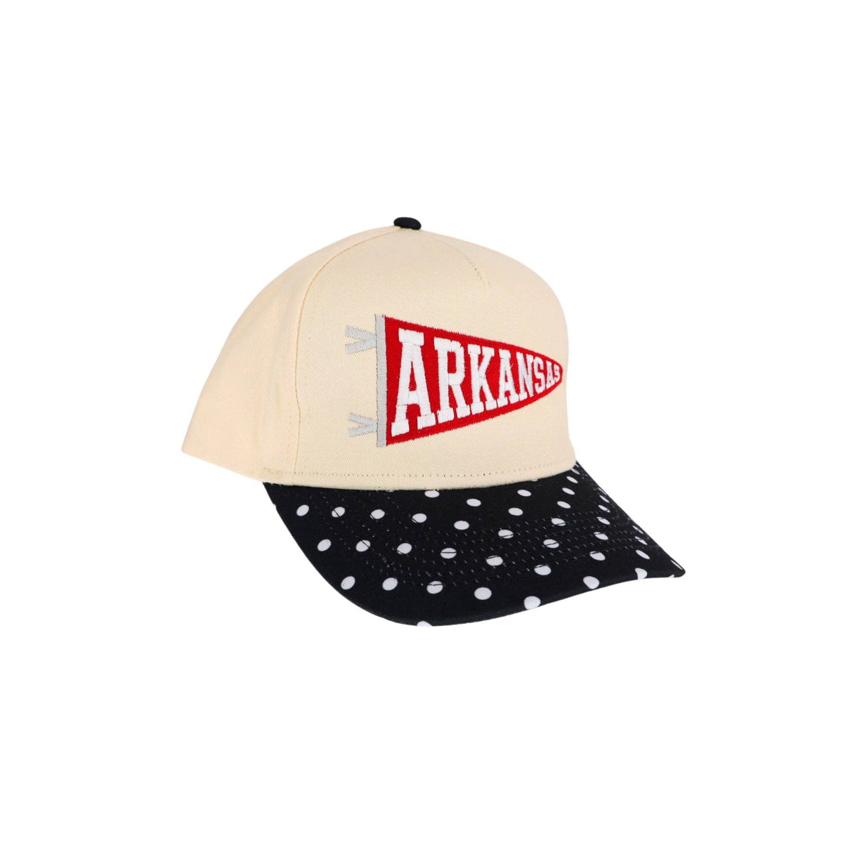 Arkansas Flag Embroidered Trucker Hat: Black Polka Dot/Red