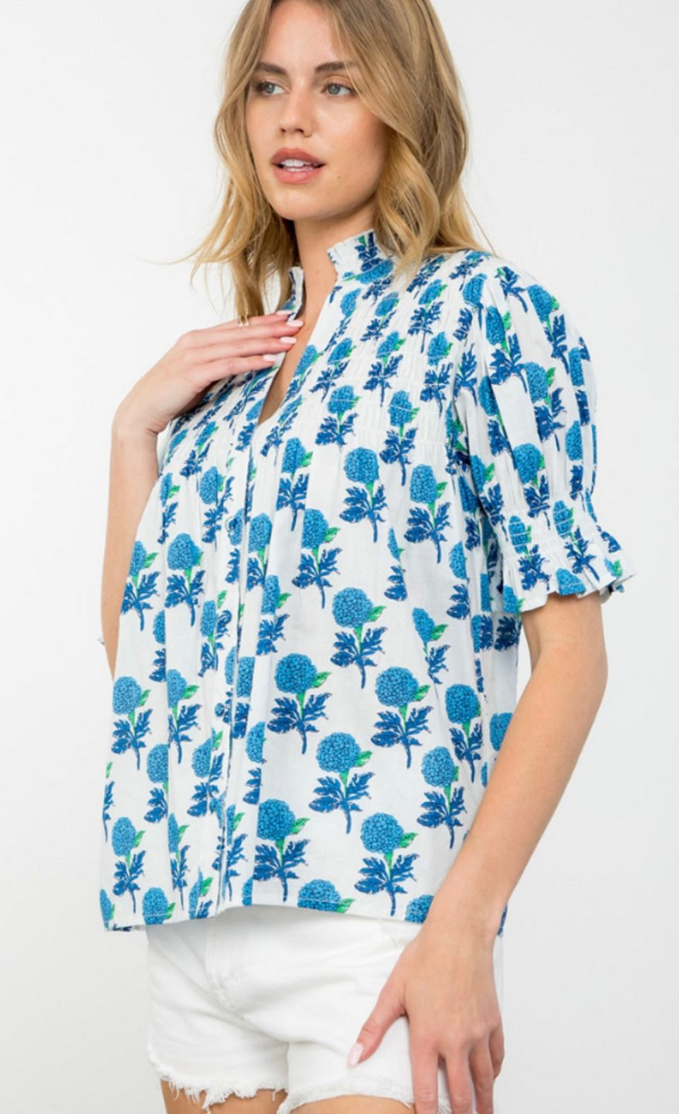Button Up Flower Print Top in Blue Floral