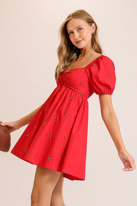 Puff Sleeve Football Dress in Red