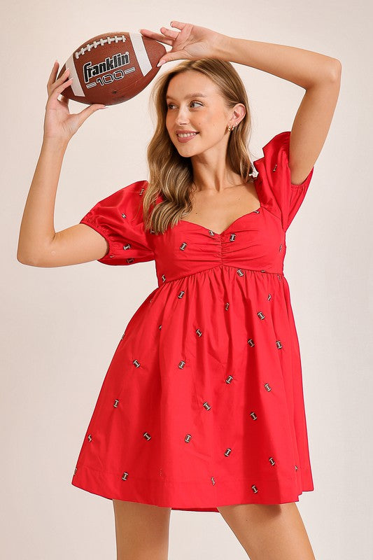 Puff Sleeve Football Dress in Red