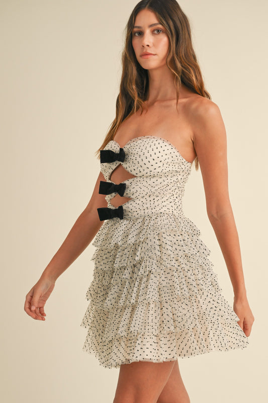 FINAL SALE Polka Dot Mesh Bow Detailed Tiered Mini Dress