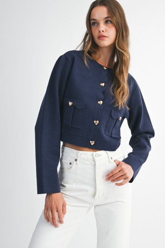 Knit Jacket w/Scallop Edge in Navy