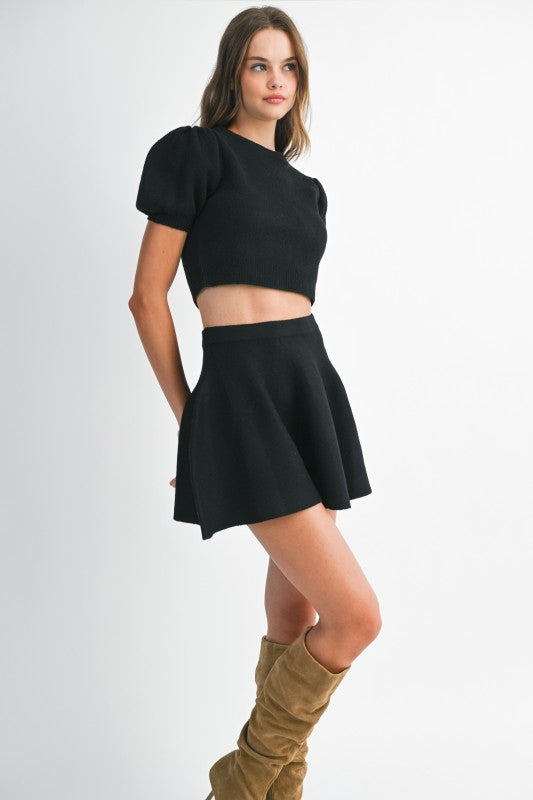 Puff SS Knit Top & Mini Skirt Set in Black