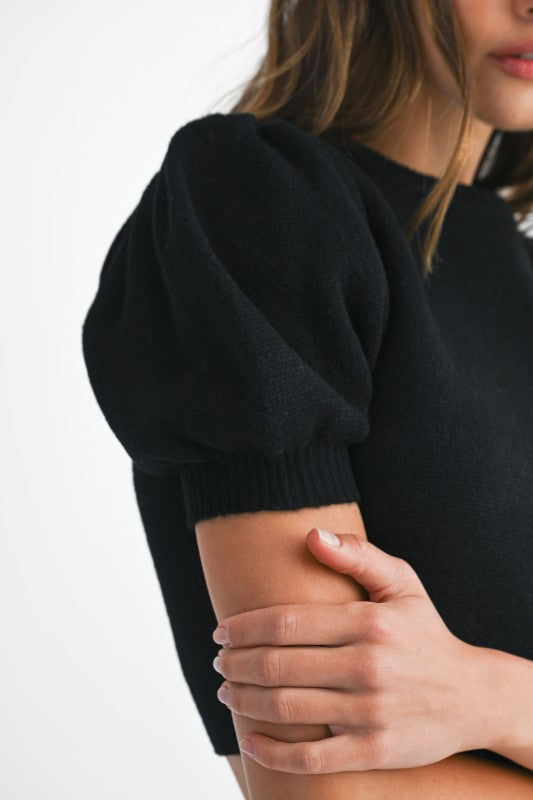 Puff SS Knit Top & Mini Skirt Set in Black