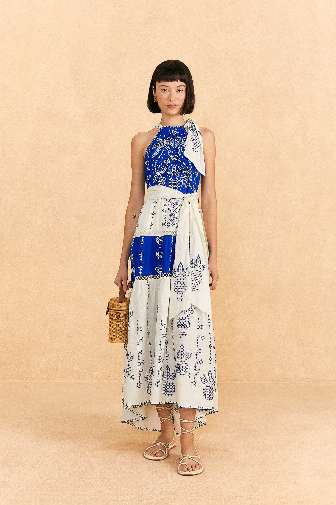 Embroidered Jungle Scarf Blue Maxi Dress
