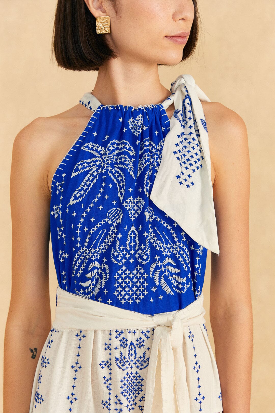Embroidered Jungle Scarf Blue Maxi Dress