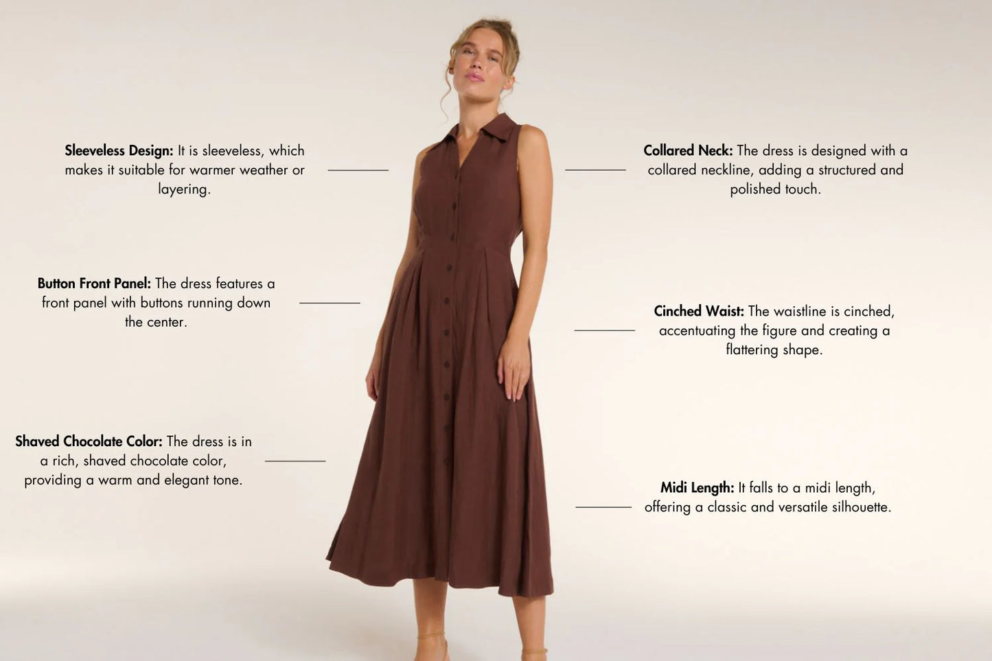 Stacia Collared Button Front Panel Midi Dress in Shaved Chocolate