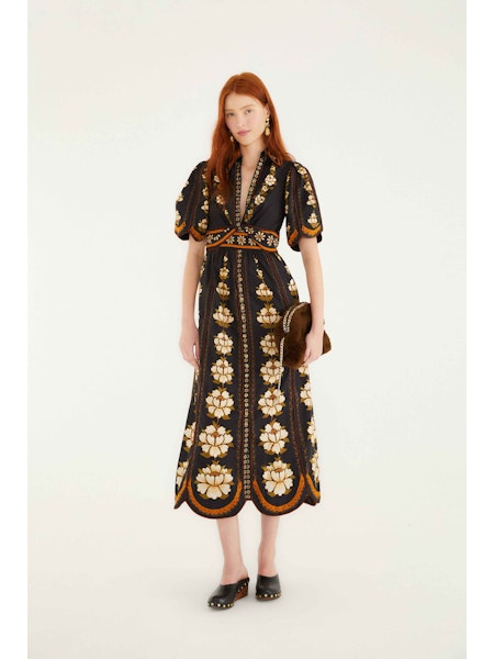 Midi Embroidered Flowers Dress in Black