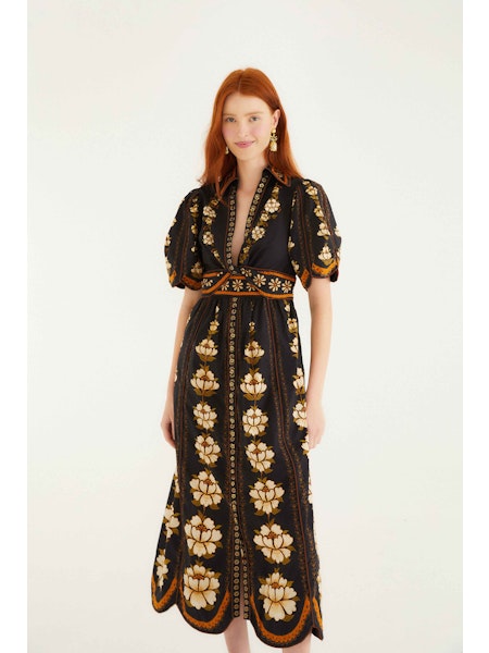 Midi Embroidered Flowers Dress in Black