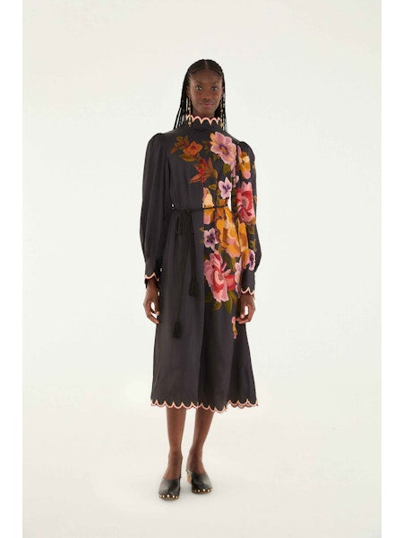 Chenille Flowers Midi Dress in Black