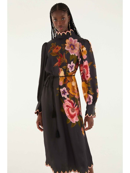 Chenille Flowers Midi Dress in Black