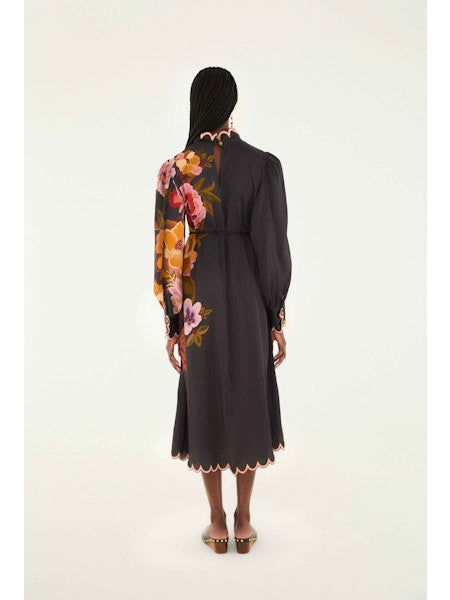 Chenille Flowers Midi Dress in Black