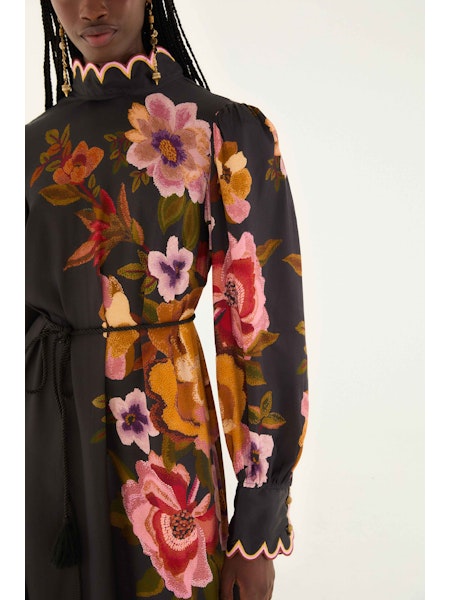 Chenille Flowers Midi Dress in Black