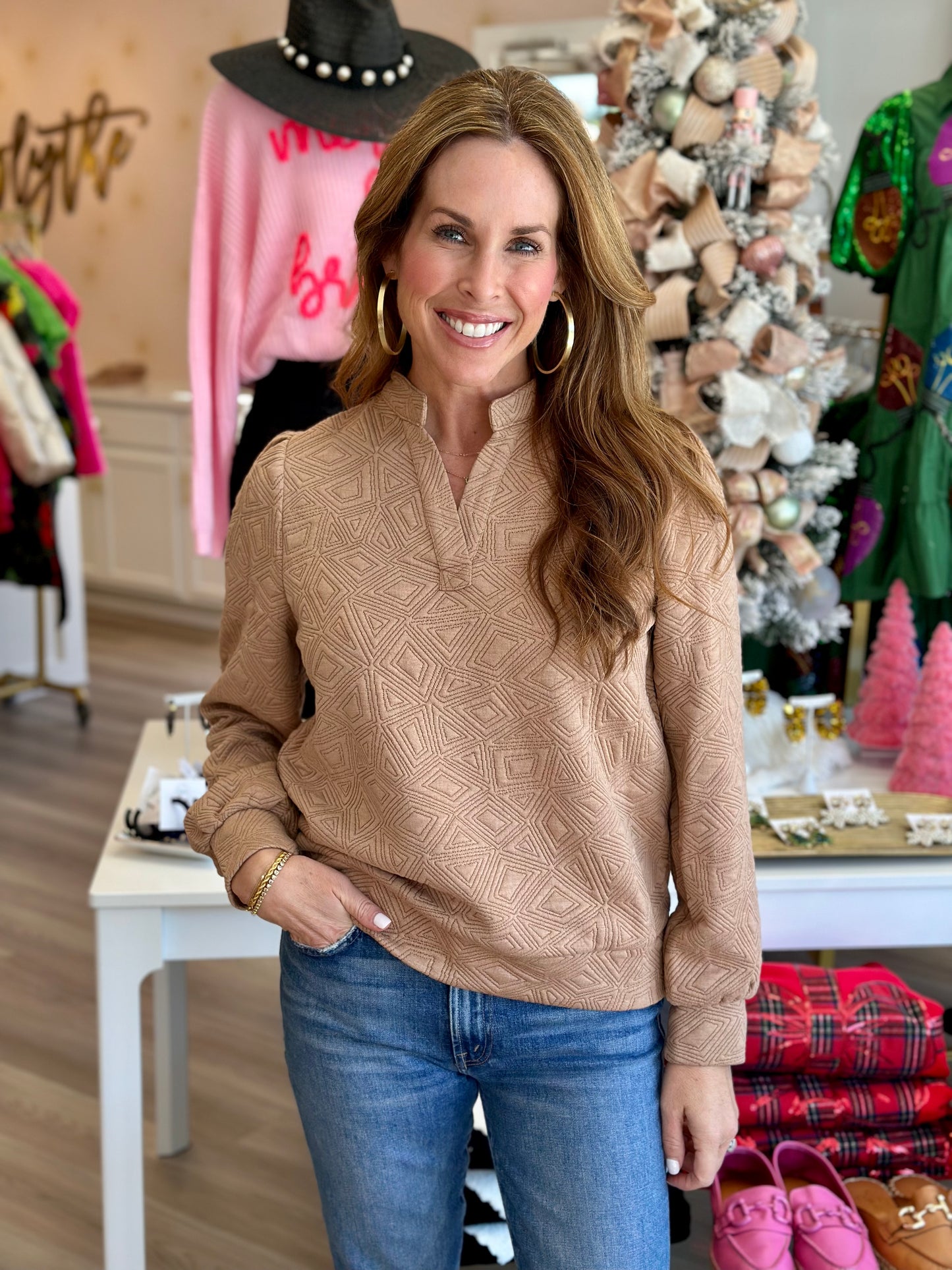 Long Sleeve Textured Sweater in Beige