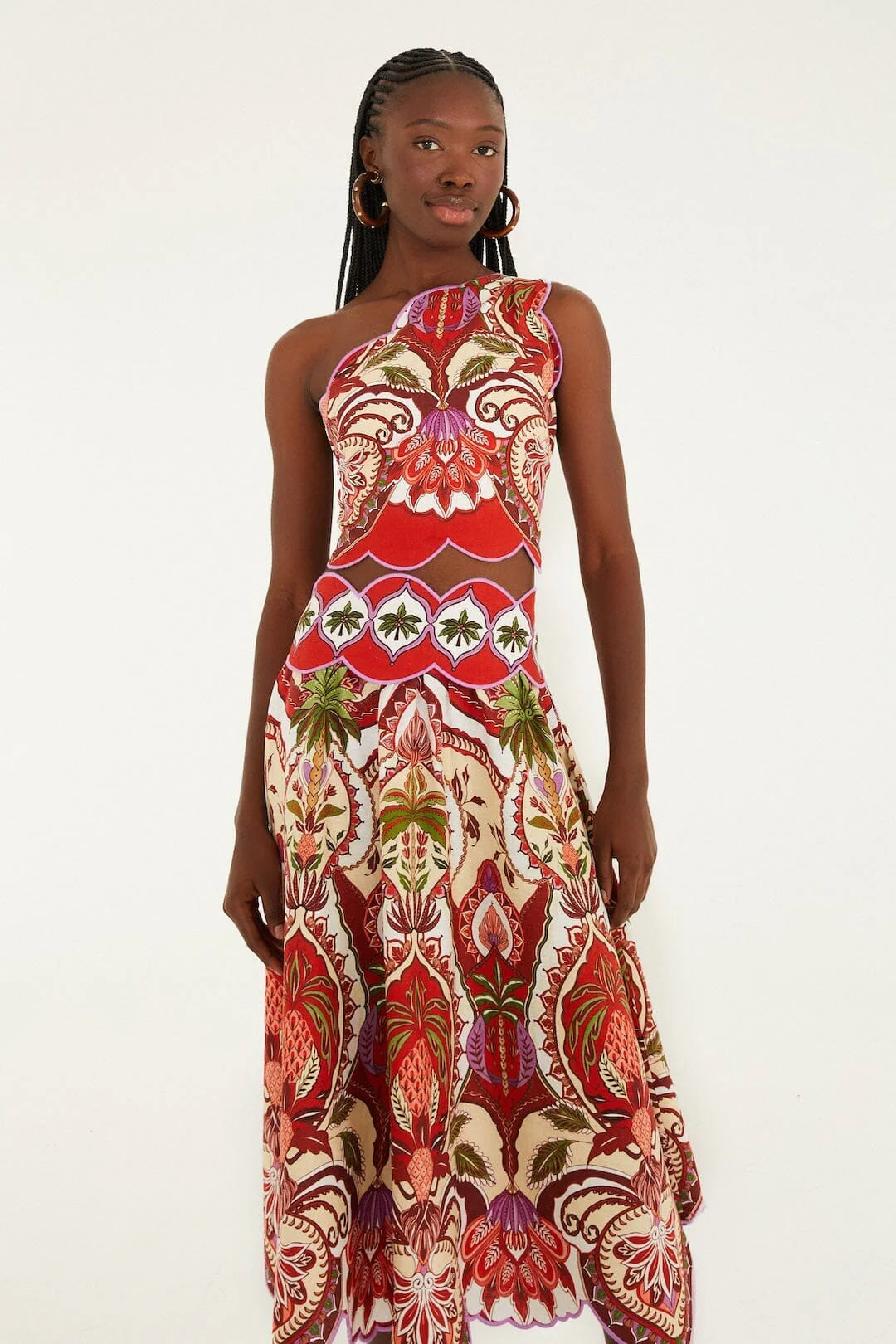 Odara Red Scalloped Midi Skirt