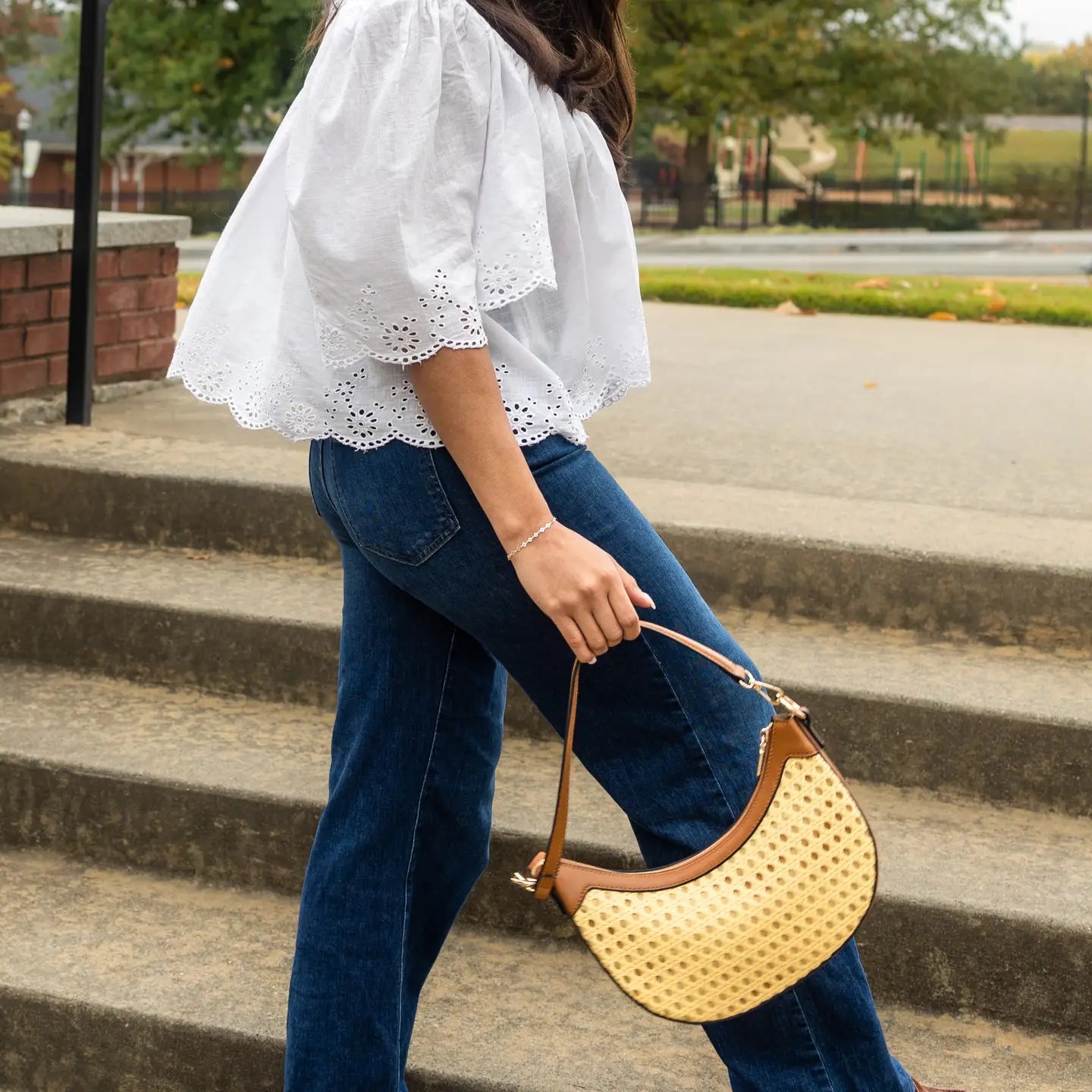 Daisy Half-Moon Rattan Crossbody in Brown