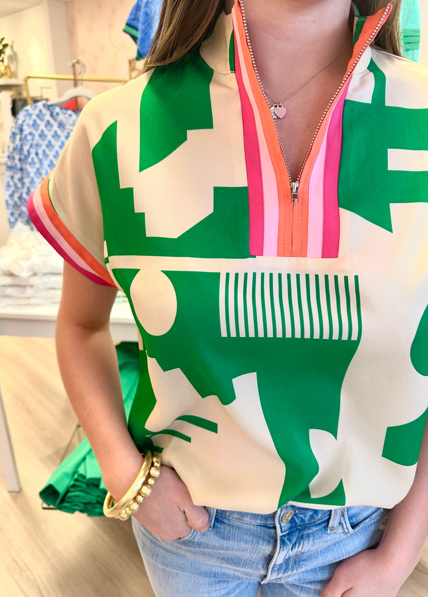 Green Abstratct W/Orange & Pink Detail