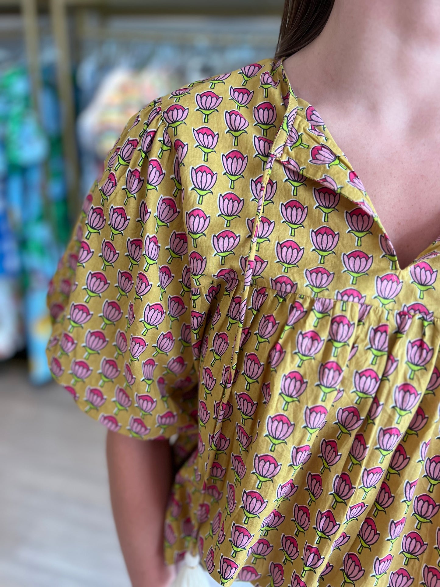 Marigold SS Floral Top w/Tassel
