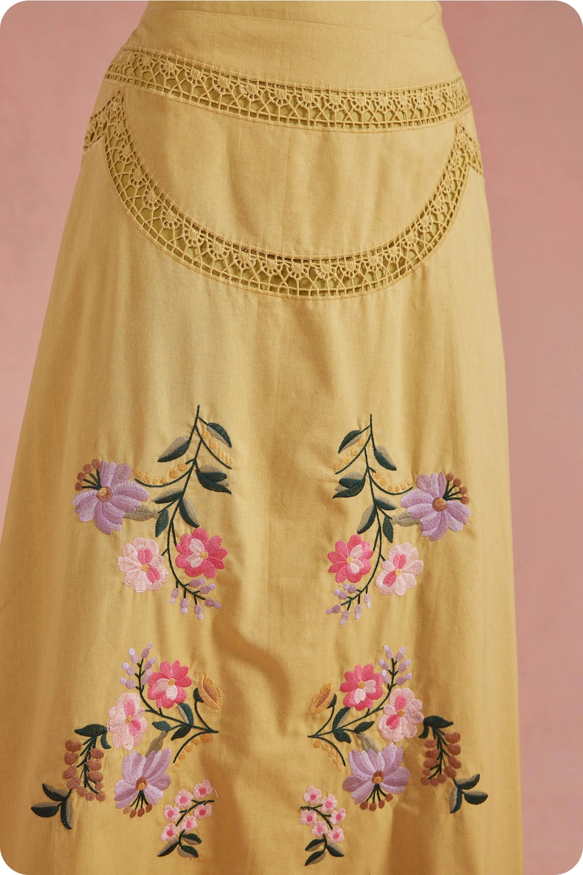 Embroidered Floral Lace Skirt Set in Yellow
