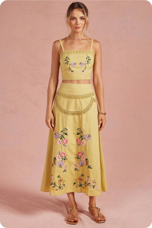 Embroidered Floral Lace Skirt Set in Yellow