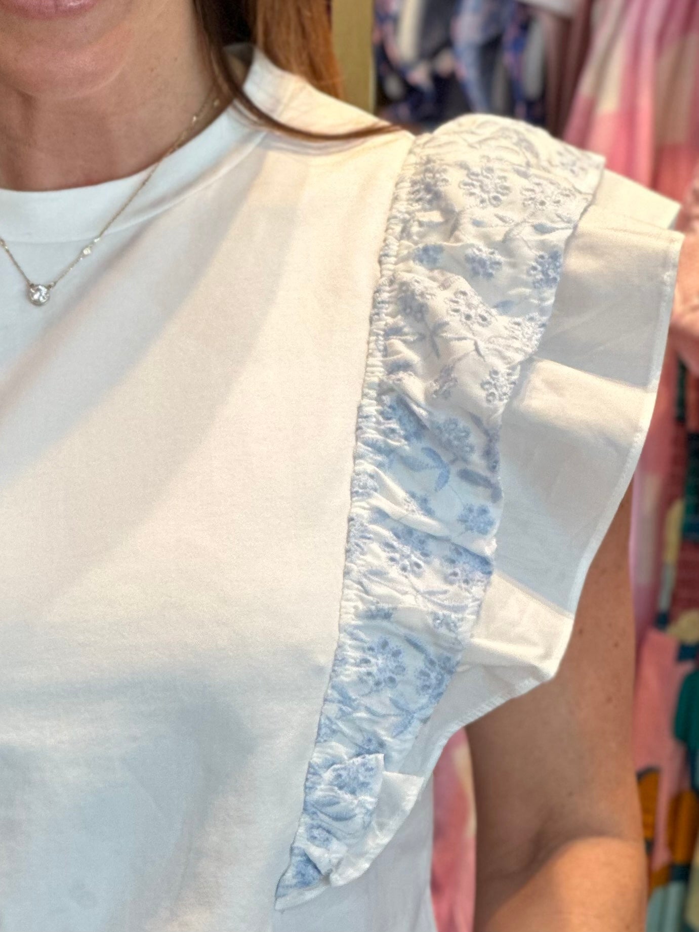 Contrast Ruffle Top in Blue and White