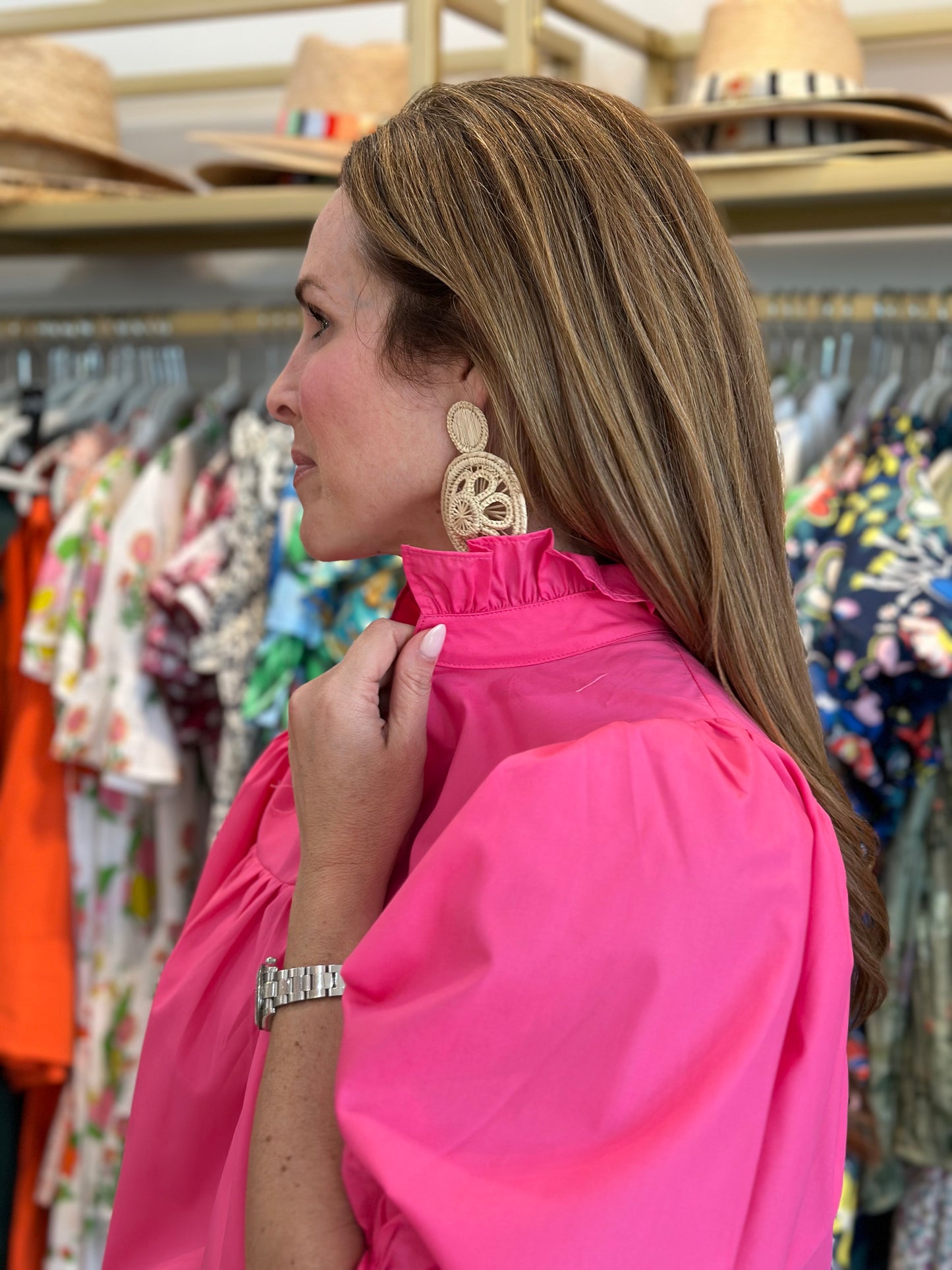Pink High Neck Puff Sleeve Top
