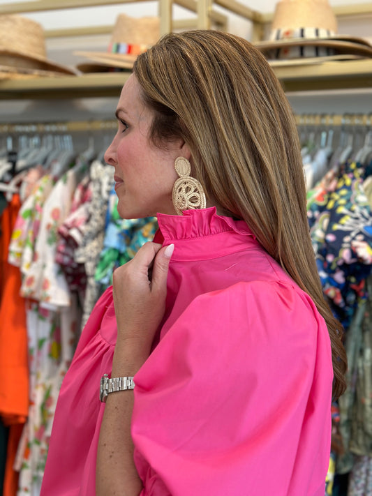Pink High Neck Puff Sleeve Top