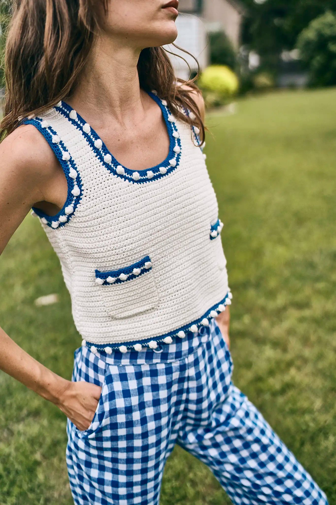 Clover Sweater Tank in White Blue