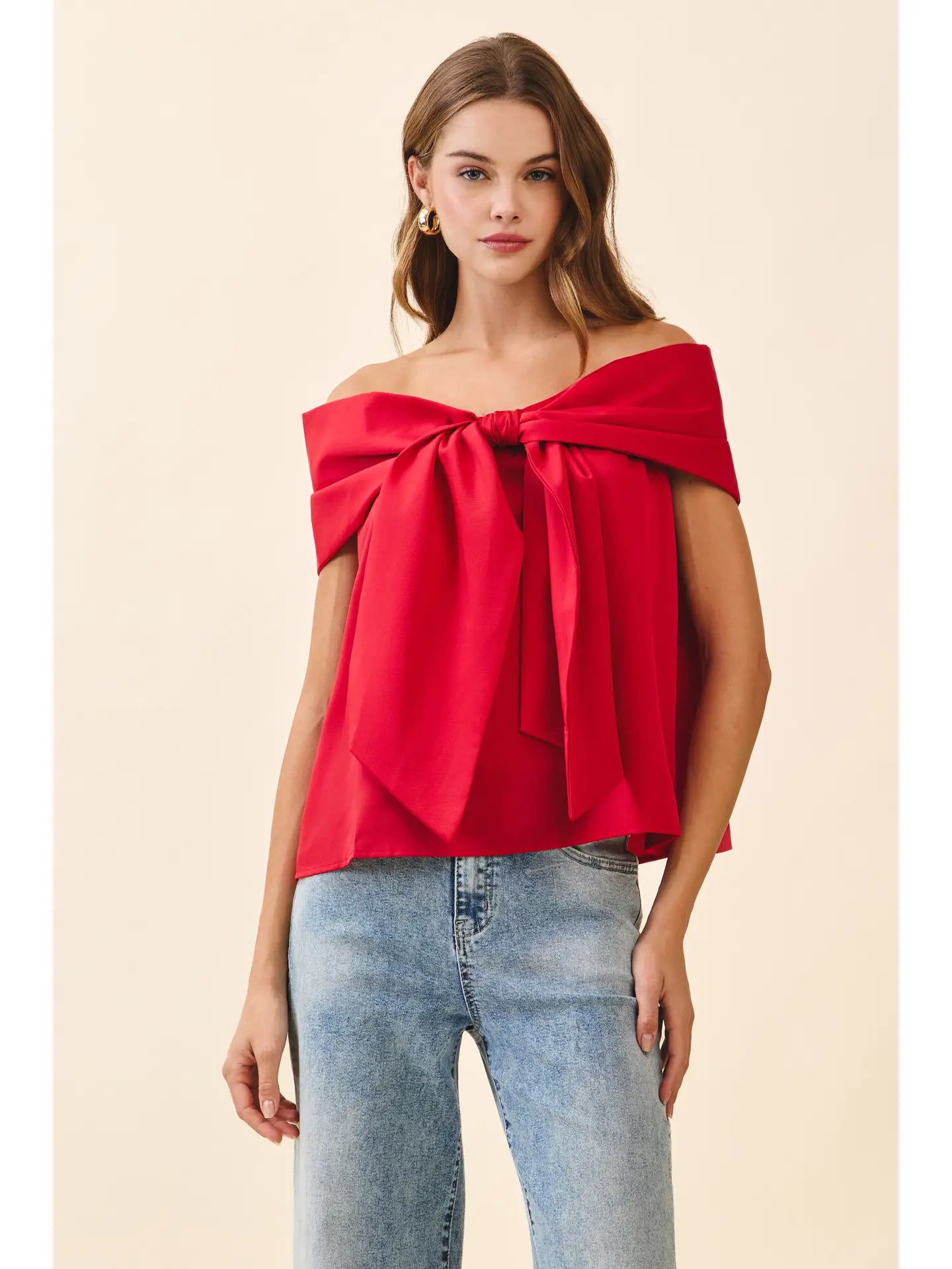 Bow Off The Shoulder Top in Red