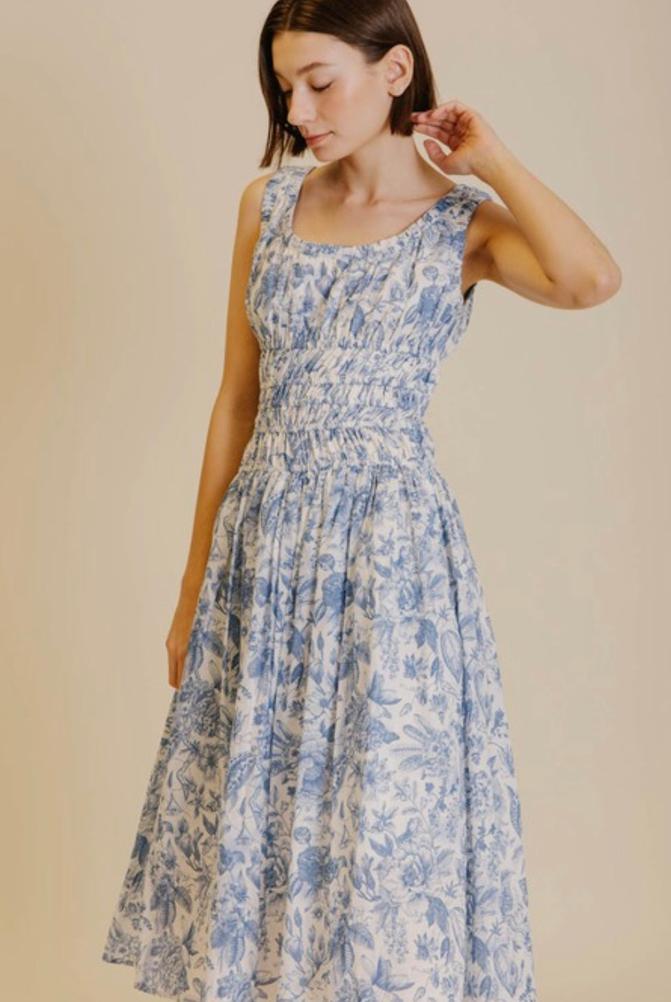 Gathered Midi Dress in Blue Toile