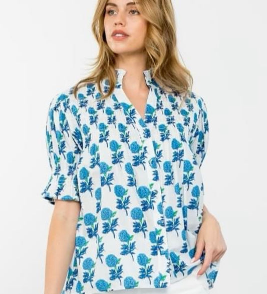 Button Up Flower Print Top in Blue Floral