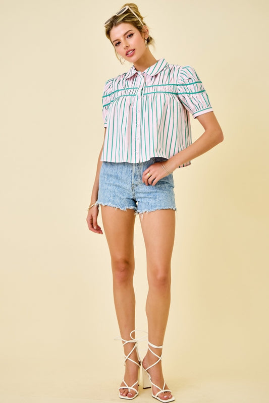 Stripe Button Down in Green/Pink