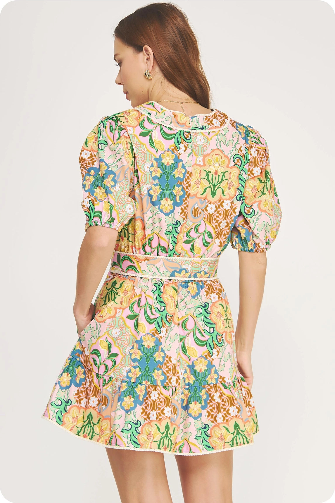 Garden Party Puff Sleeve Belted Cotton Mini Dress
