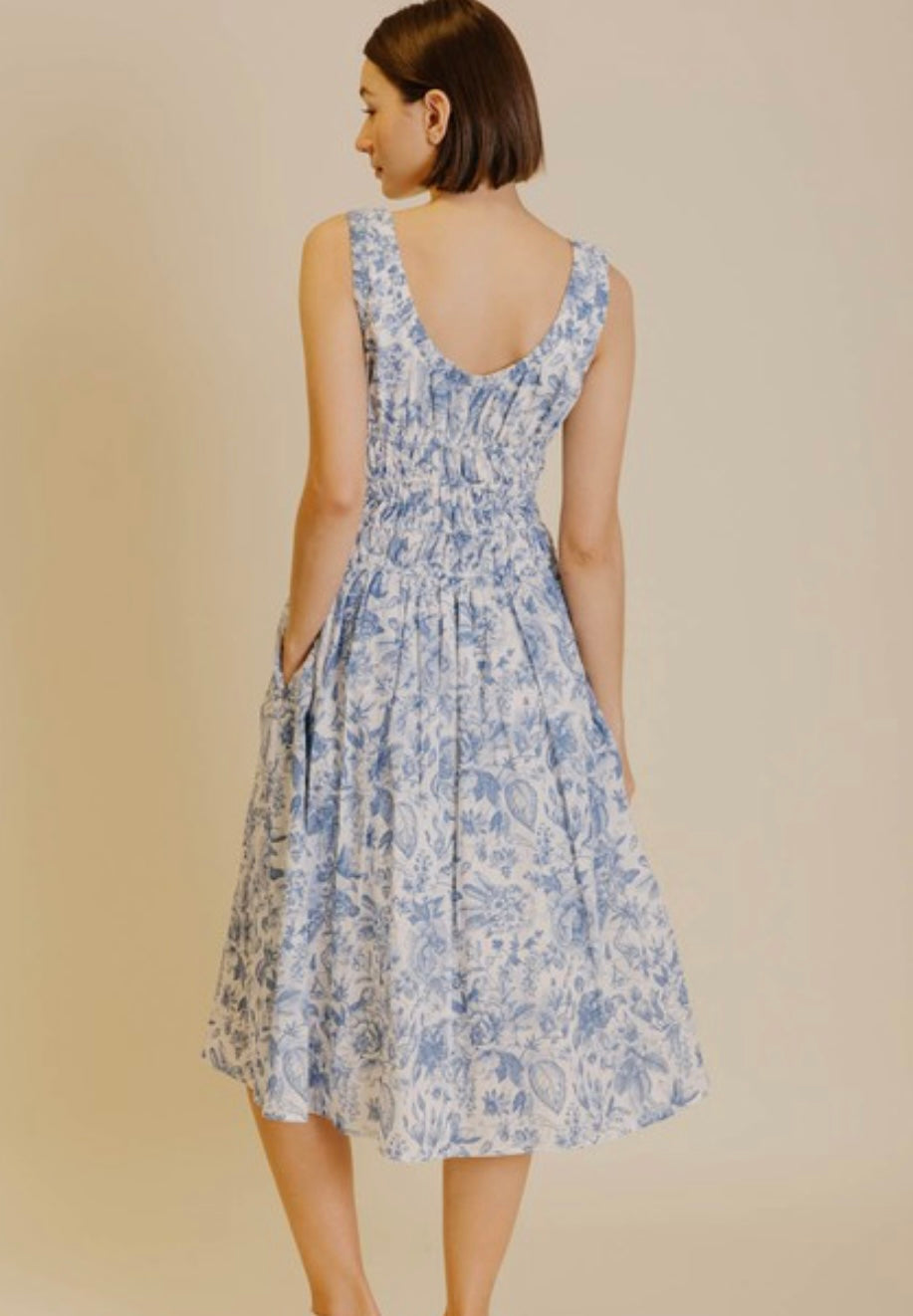 Gathered Midi Dress in Blue Toile