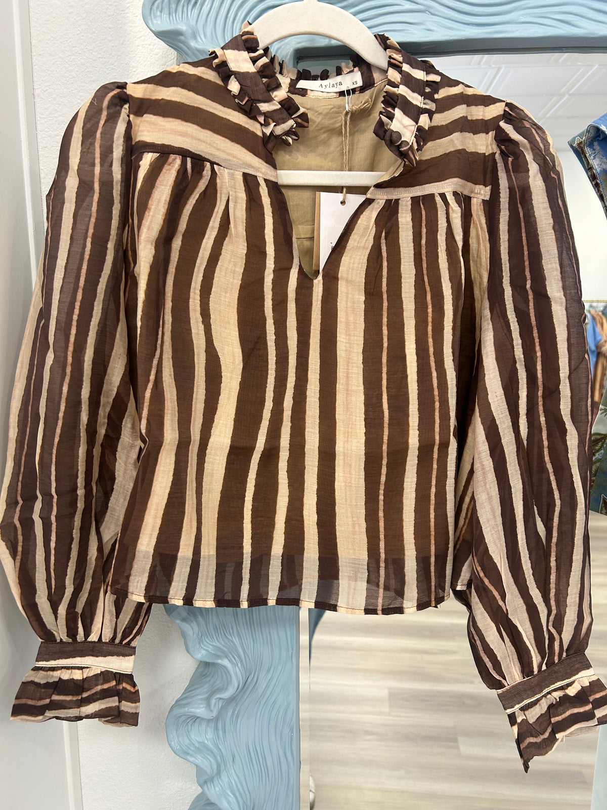 Mocha Striped Ruffle Blouse