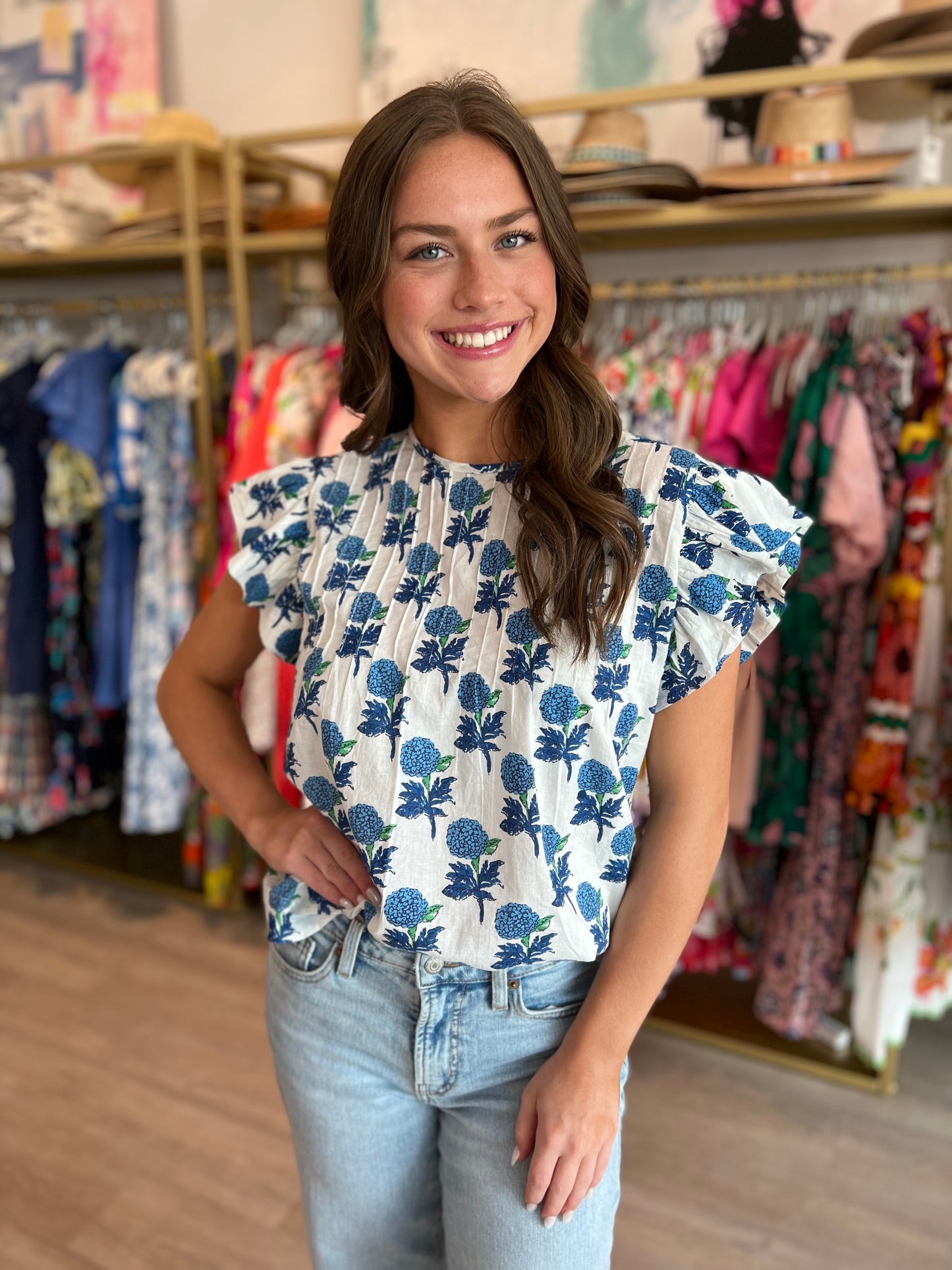 Blue Ruffle Block Print Top