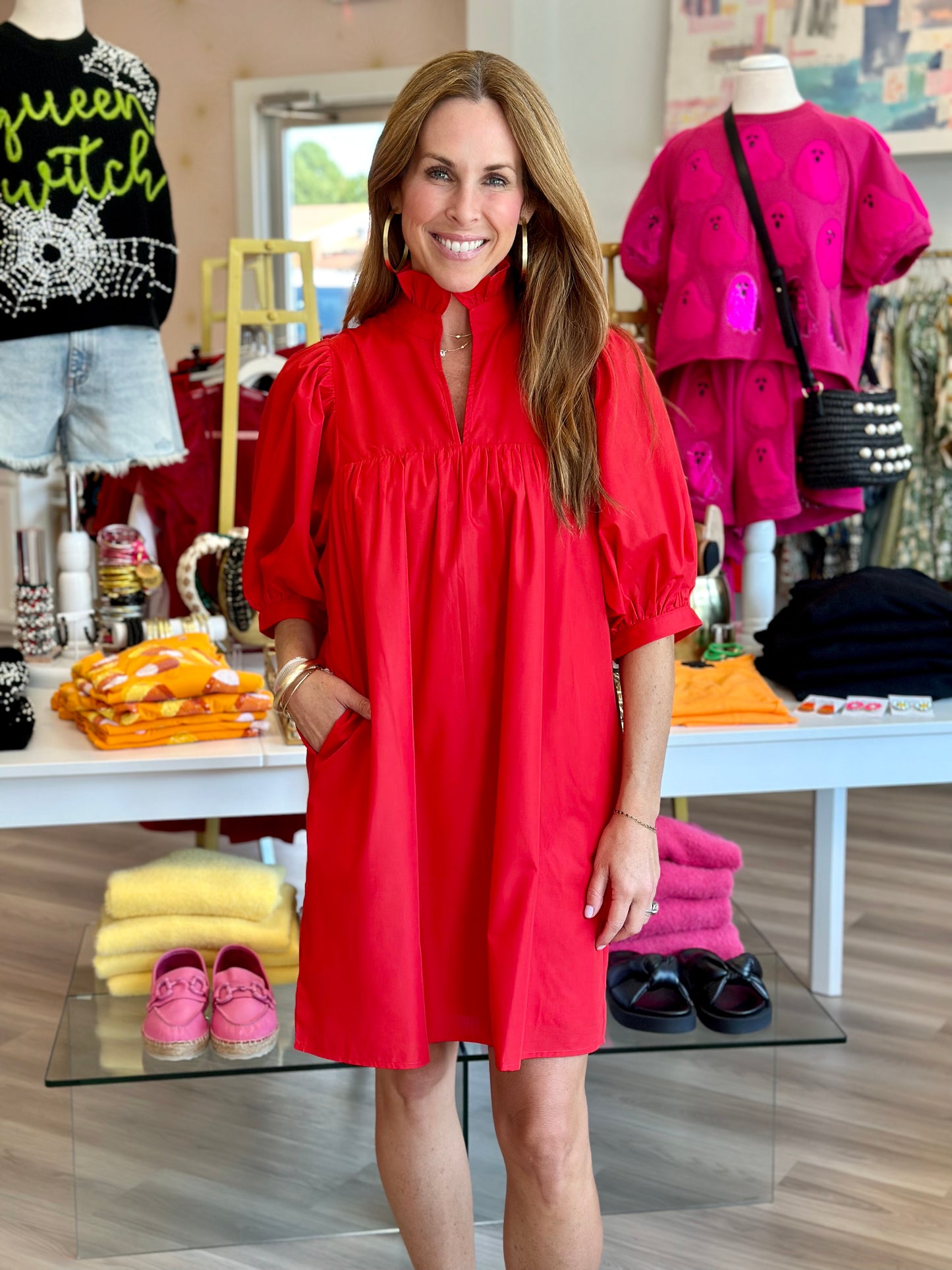 High Neck Puff Sleeve Dress in Red