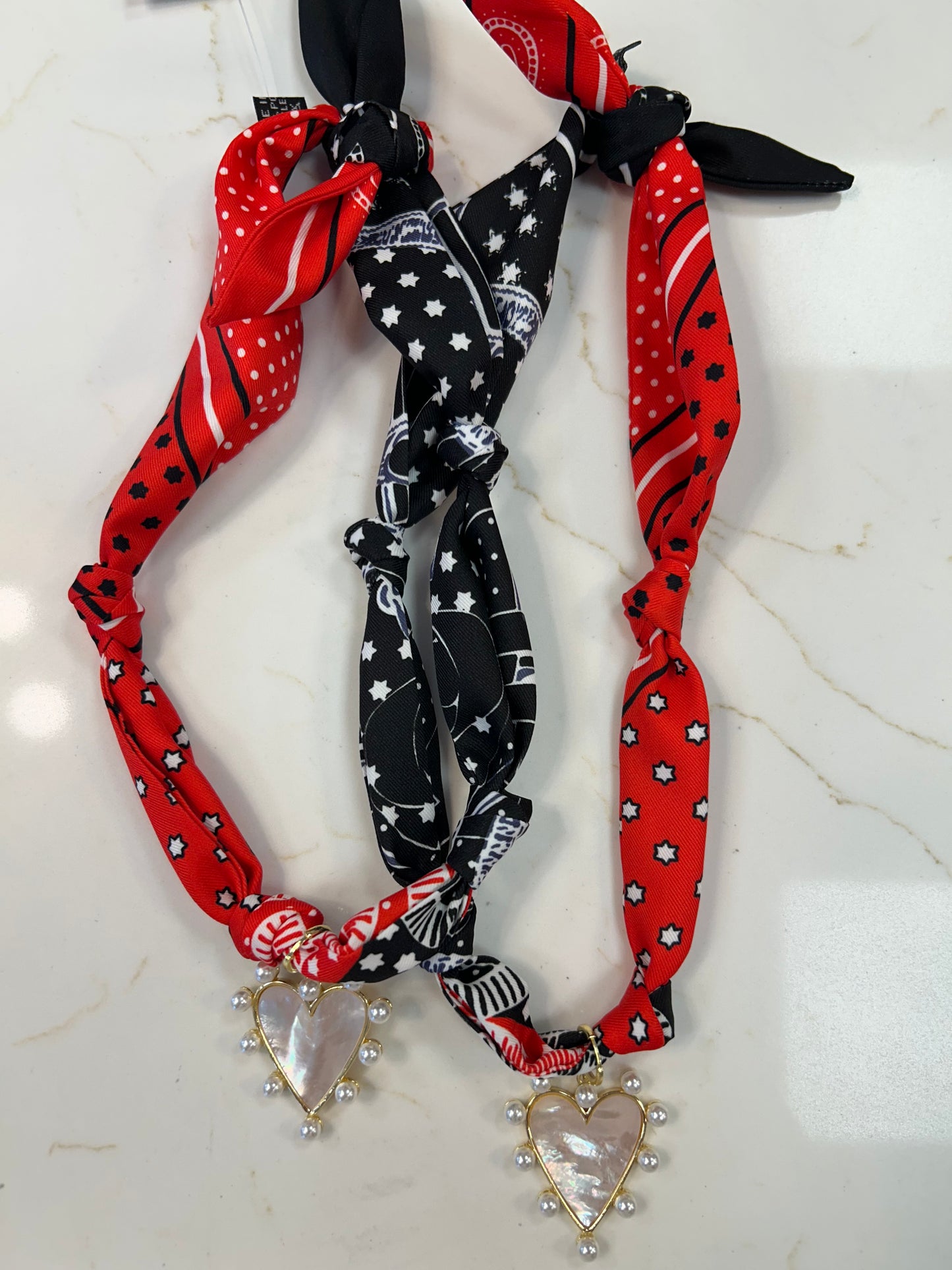 Knotted Carley Red and Black Bandana Scarf Necklace w/Charm