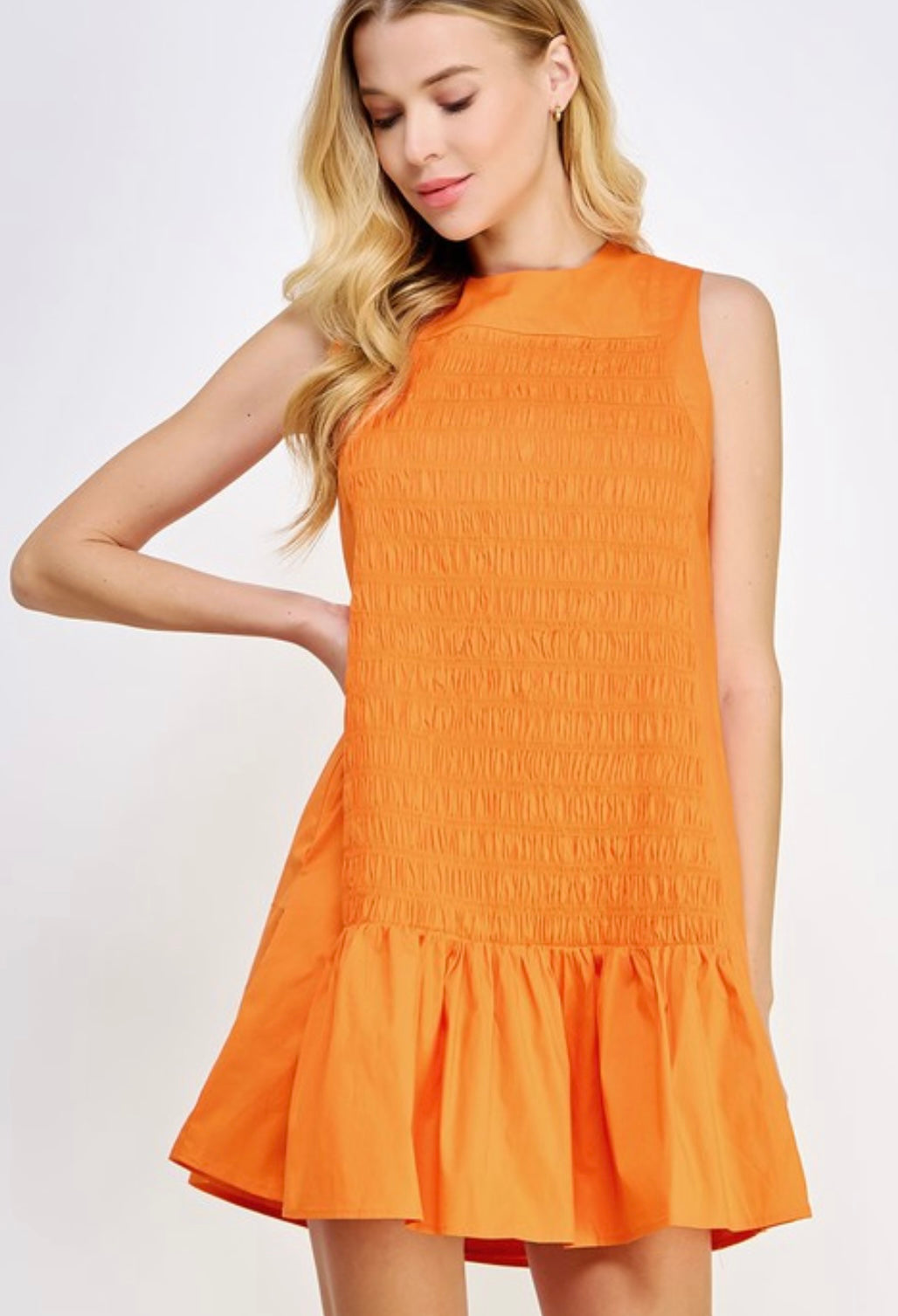 Smock Detail Orange Poplin Mini Dress