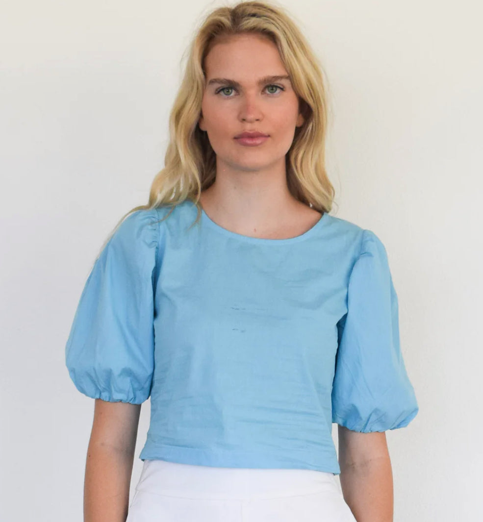 FINAL SALE Puff Sleeve Top in Air Blue Poplin