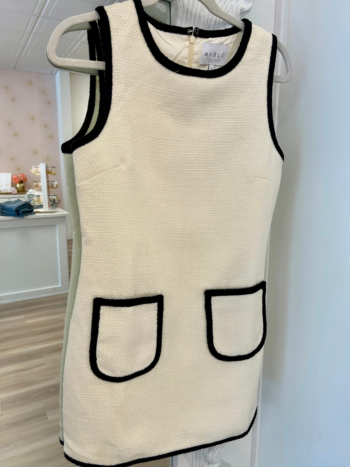 Contrast Boucle Mini Dress in Crean