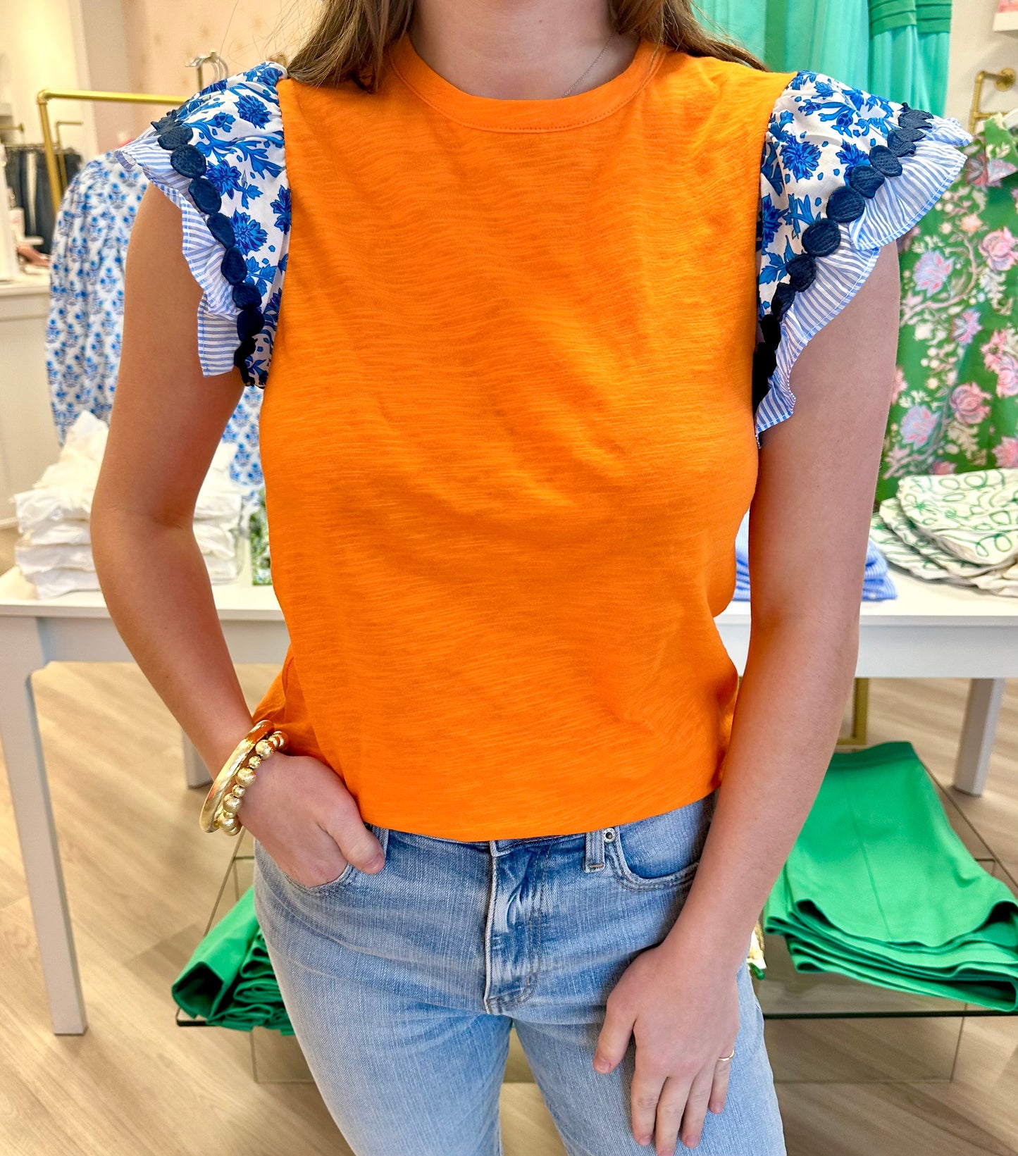 Orange Tee W/Blue Flutter Sleeve