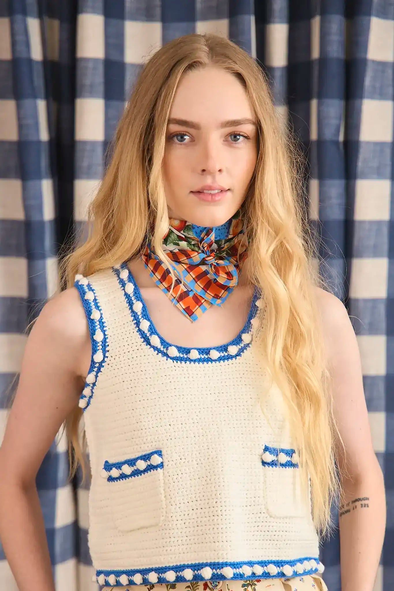 Clover Sweater Tank in White Blue
