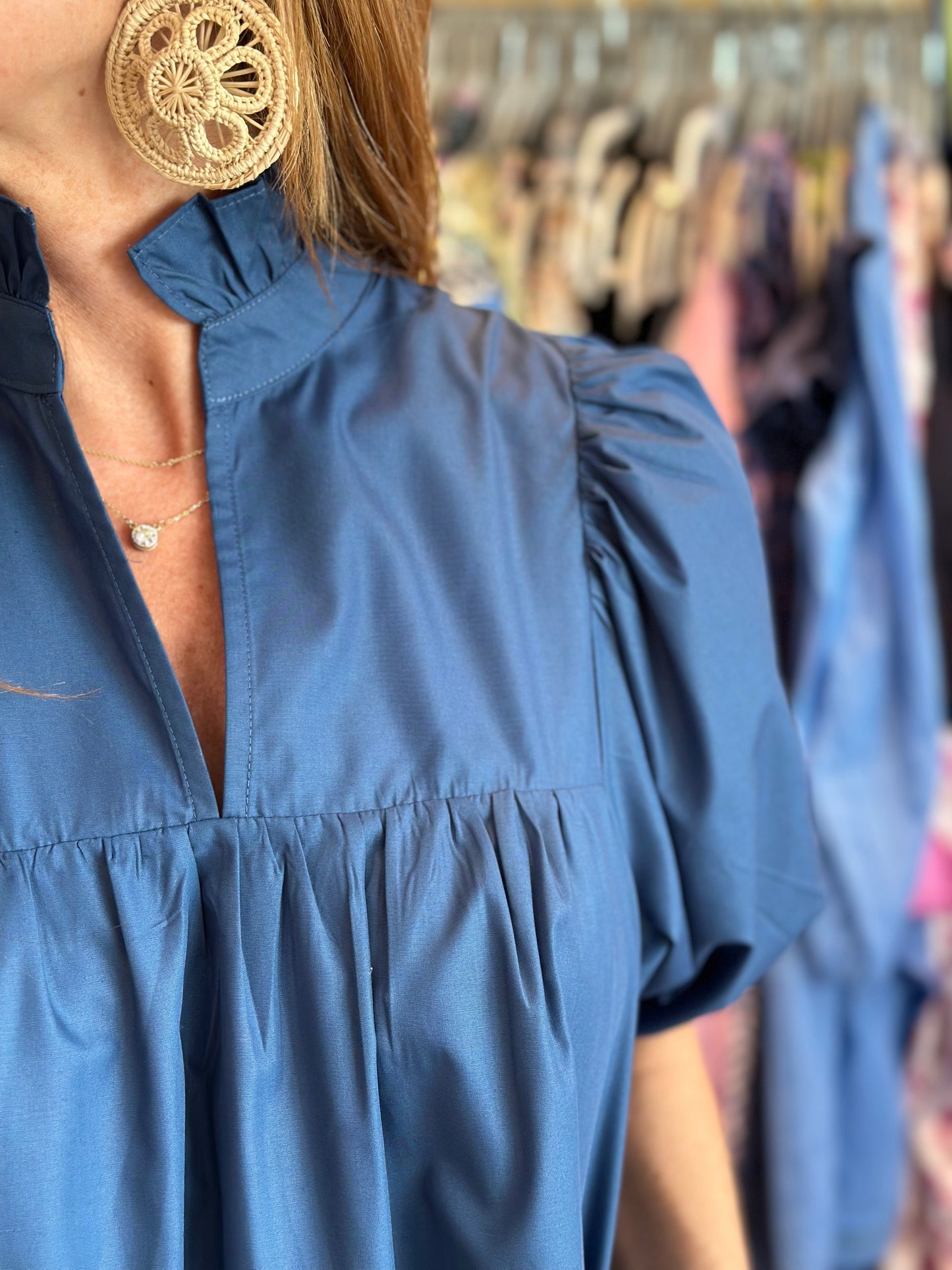 Navy High Neck Puff Sleeve Dress