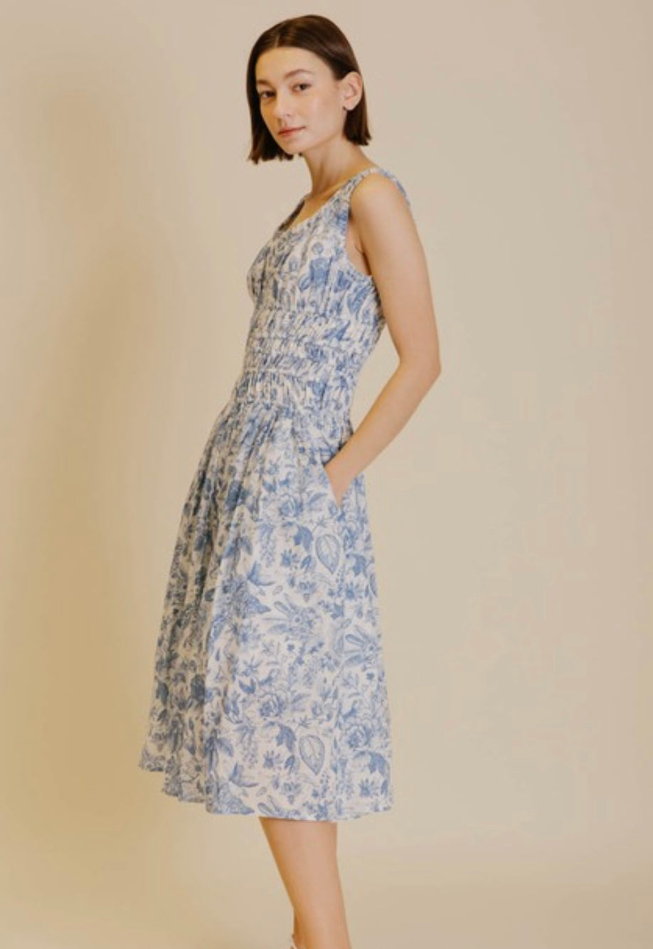 Gathered Midi Dress in Blue Toile