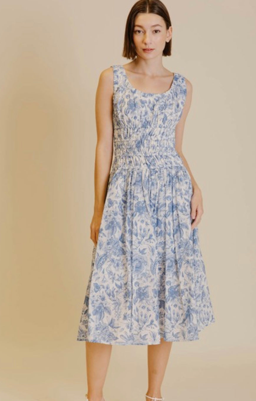 Gathered Midi Dress in Blue Toile
