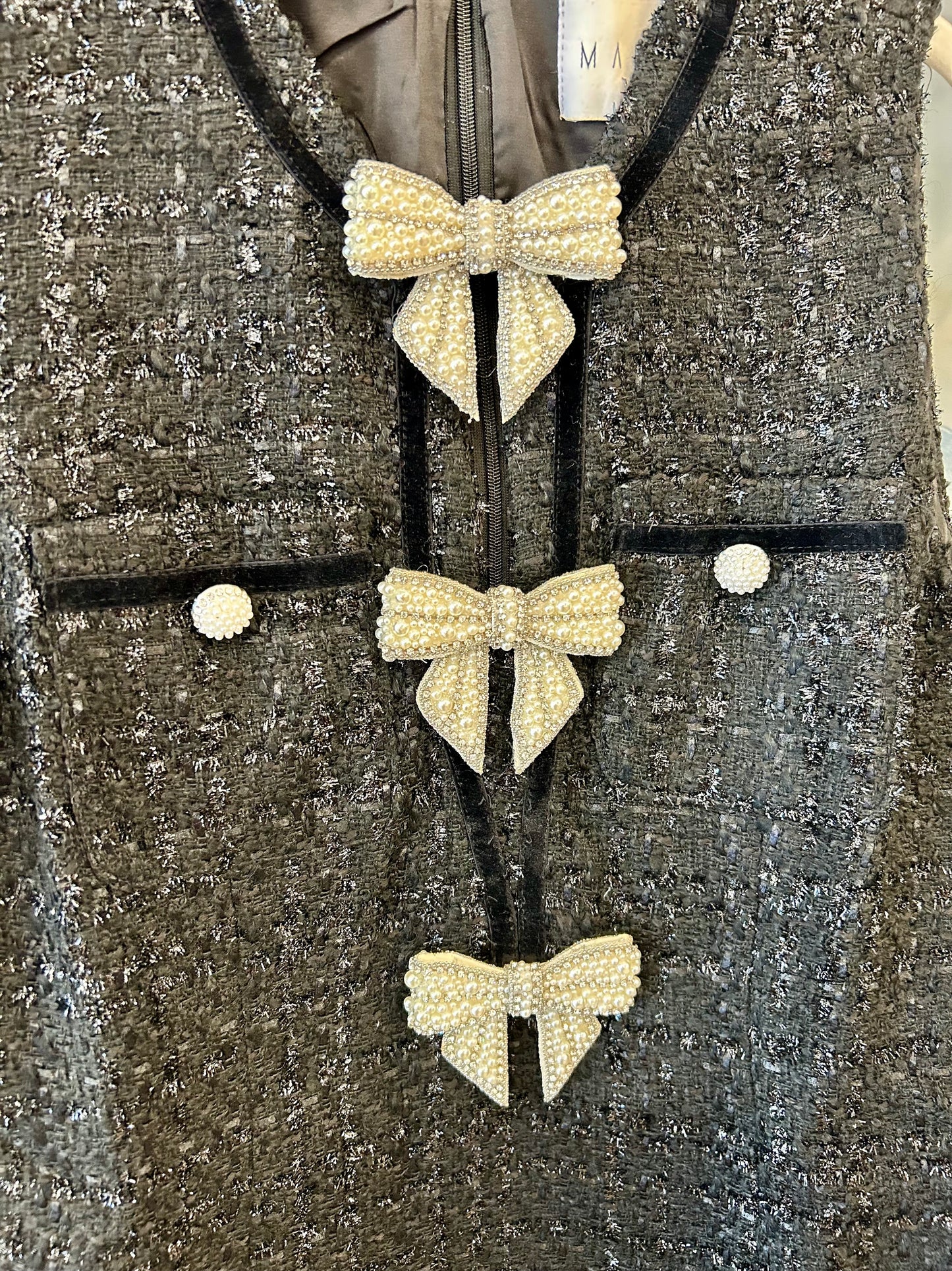 Jewel Bow Detail Tweed Mini Dress in Black