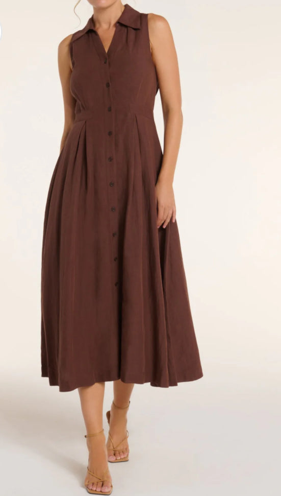 Stacia Collared Button Front Panel Midi Dress in Shaved Chocolate